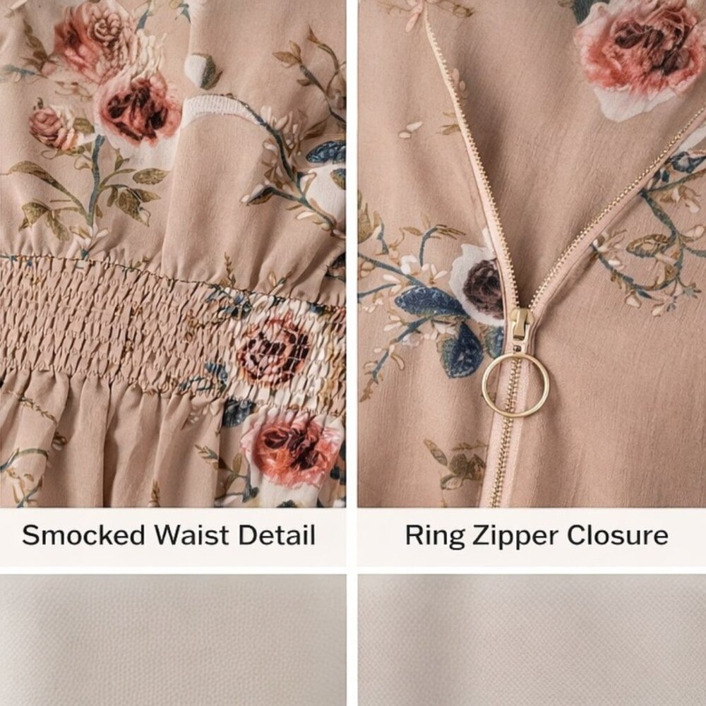 Floral Smocked Peplum Blouse Beige Boho Top Plus Size 2XL New - Picture 5 of 6